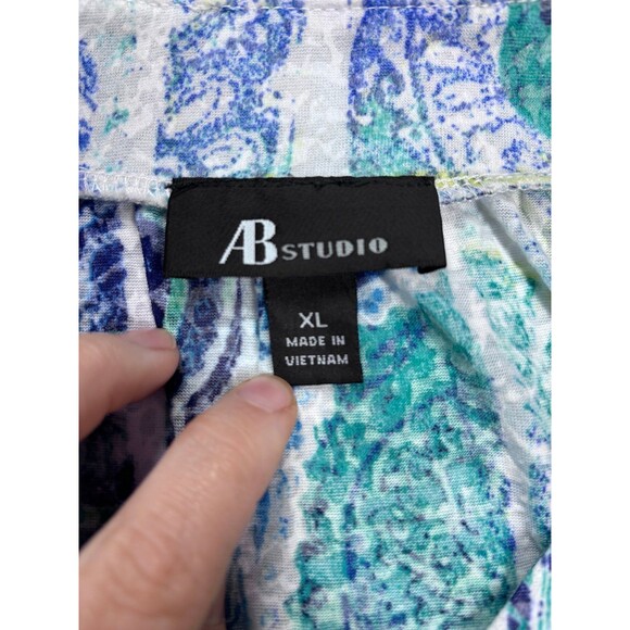 AB Studio Blue Green Paisley Floral Print Halter Vneck Ruffled Tank Top size xl - Picture 2 of 7